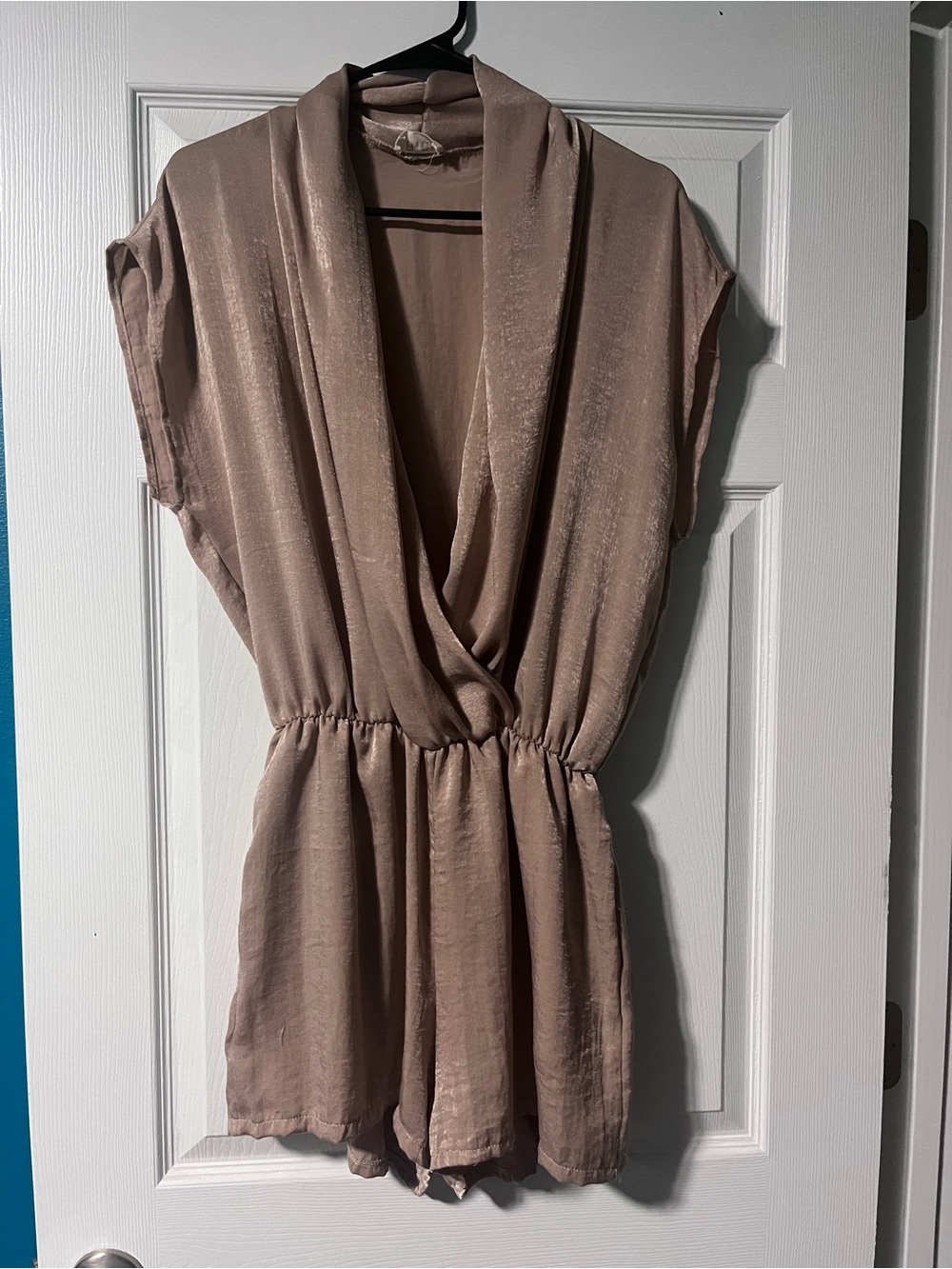 BiBi Taupe Draped V-Neck Short Sleeve Tunic Romper